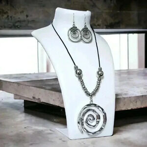🆕 Statement Boho Chic Silver Trendy Spiral Pendant Necklace & Earrings Set